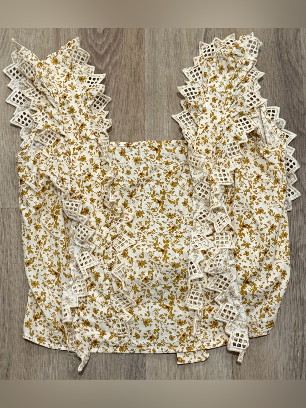 Blue Tassel cream tan Floral Ruffle Blouse Top Cotton Cottagecore Boho M medium